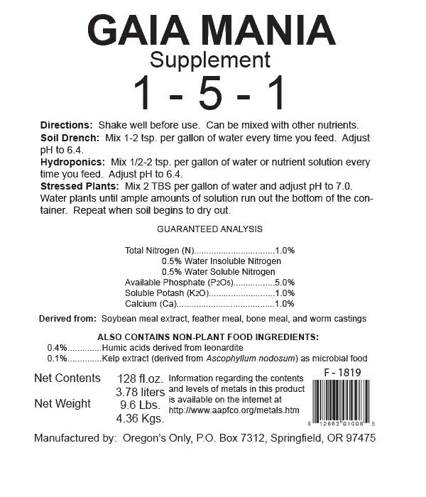 Gaia Mania Product Label and Data